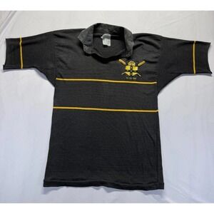 Vintage Laus Deo Polo Shirt Men Medium Charcoal Yellow Striped Single Stitch Tee